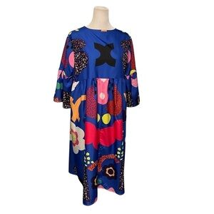 Abstract Design Art To Wear Blue 3/4 Sleeve Dress Medium